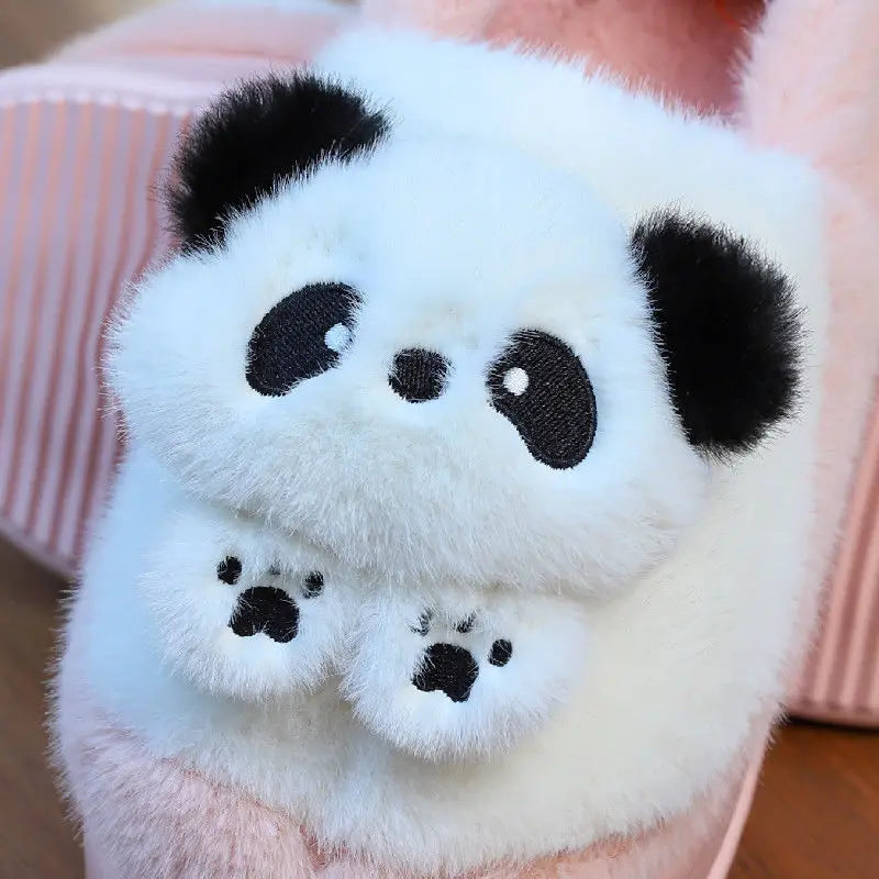 New high heel panda shoes women's winter loafer thick slippers woman fluffy slip on shoes ladies animal warm fuzzy home slipper
