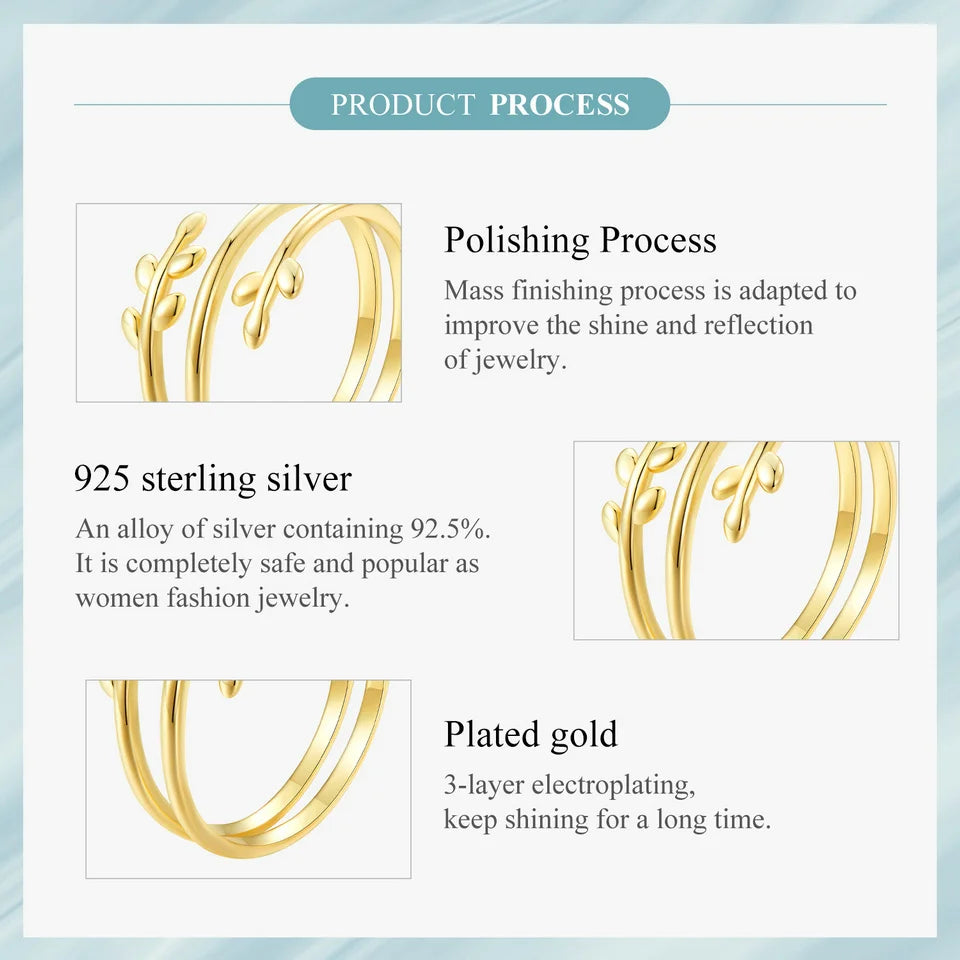BAMOER Gold Plated Leaves Adjustable Ring,  S925 Silver Trendy Multilayer Leaf Open Ring for Women Fashion Jewelry Gift 2 Colors