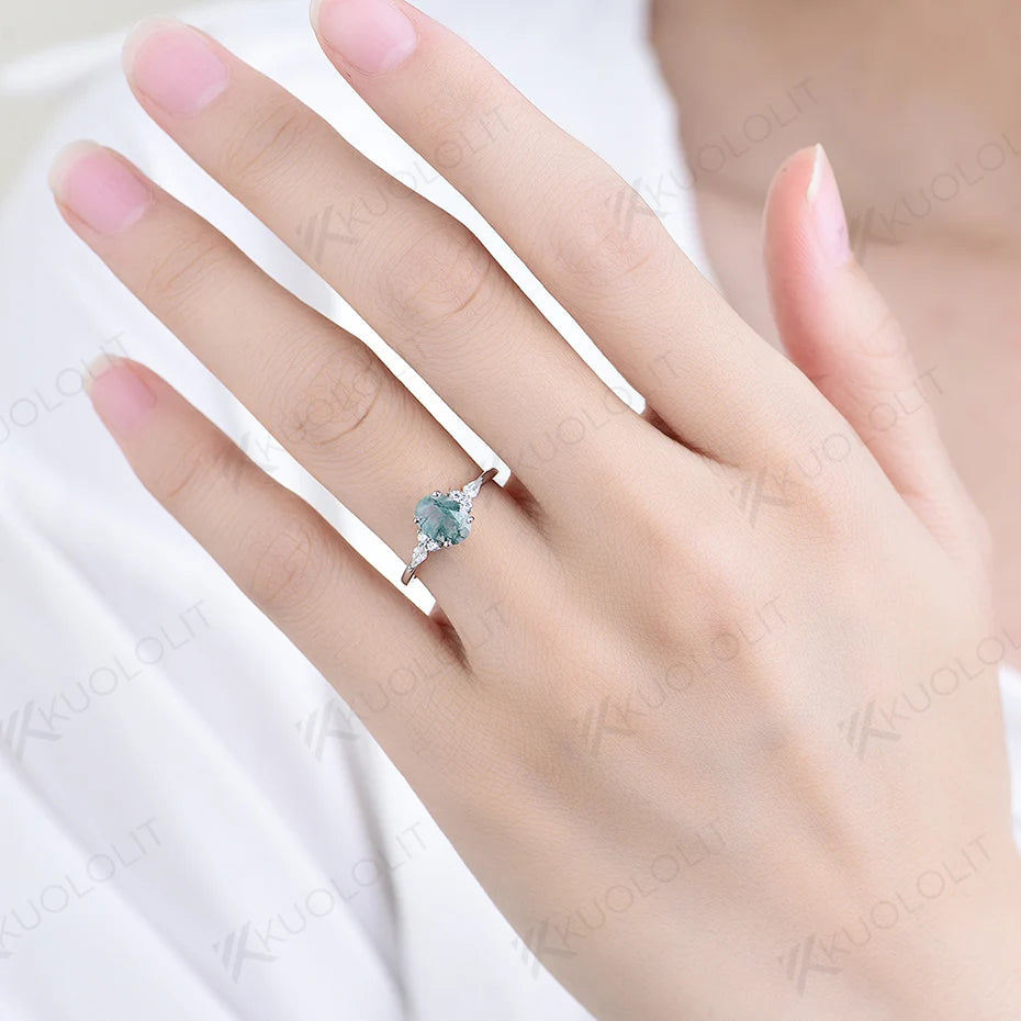 Kuololit  Natural Moss Agate Moonstone Gemstone Rings for Women Solid 925 Sterling Silver Luxury Jewelry for Wedding Engagement