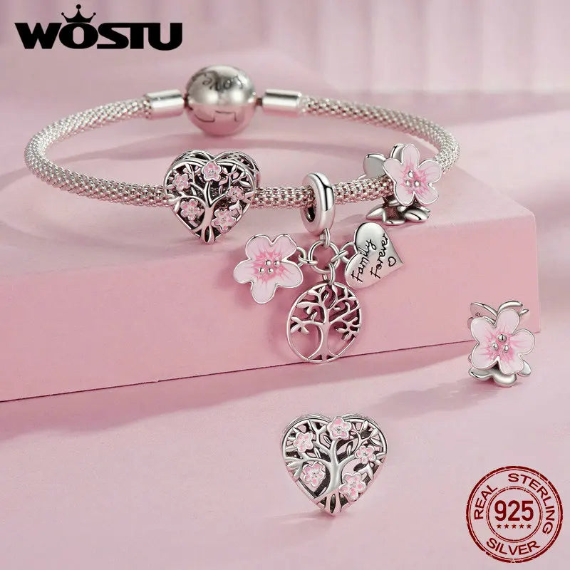 WOSTU 925 Sterling Silver Pink Life Tree Charms Flower Spacer Beads Infinite Heart Pendant Fit Original Bracelet DIY Jewelry