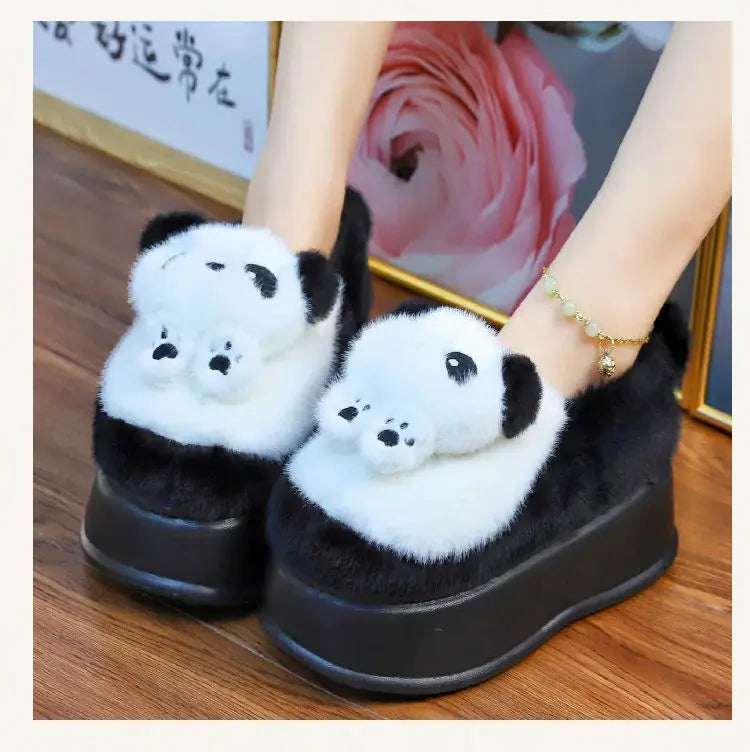 New high heel panda shoes women's winter loafer thick slippers woman fluffy slip on shoes ladies animal warm fuzzy home slipper