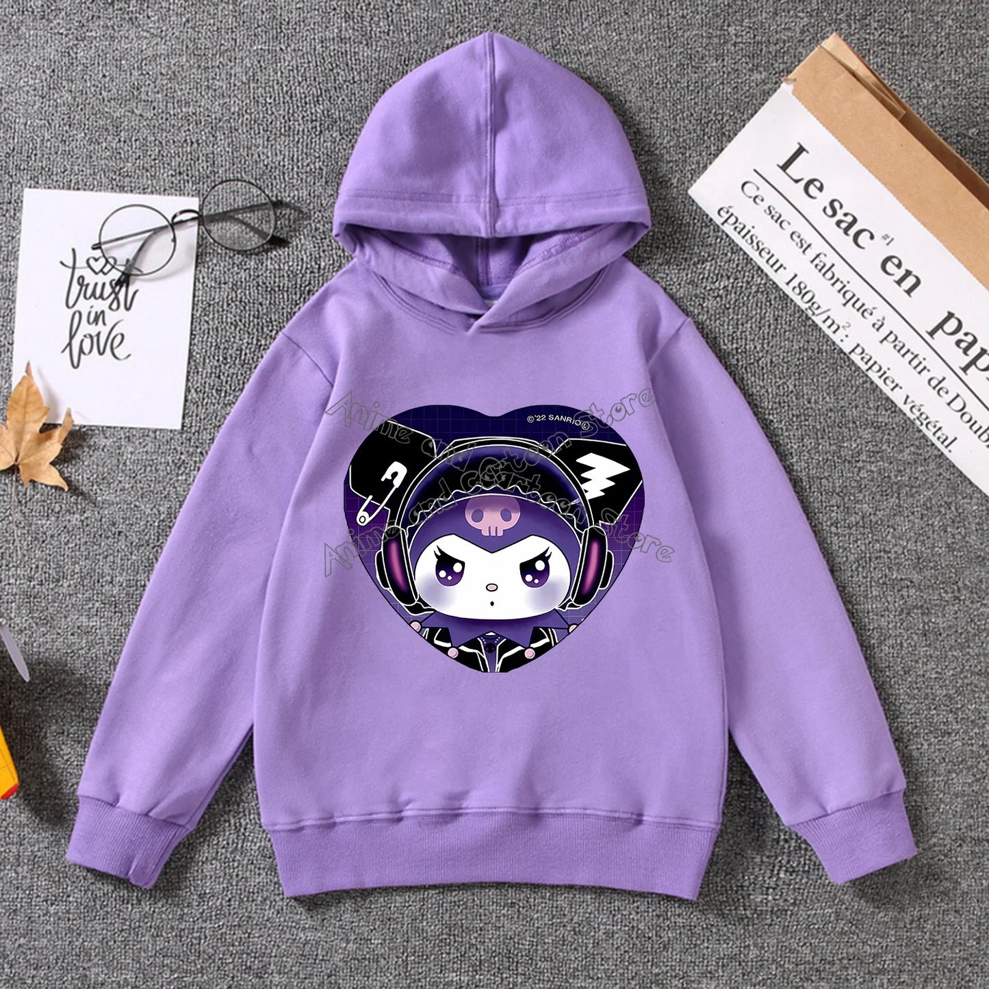 Kuromi Thin Hoodie for Children Cute Sanrio Cartoon Clothing Girls Trendy Clothes Purple Sweatshirt Fashion Long Sleeve Top Gift