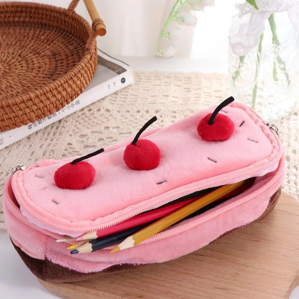 Cherry Cake Plush Pen Bag Cosmetic Bags Large Capacity Stationery Bag Exquisite Kawaii Pencil Pouch Stationery Box