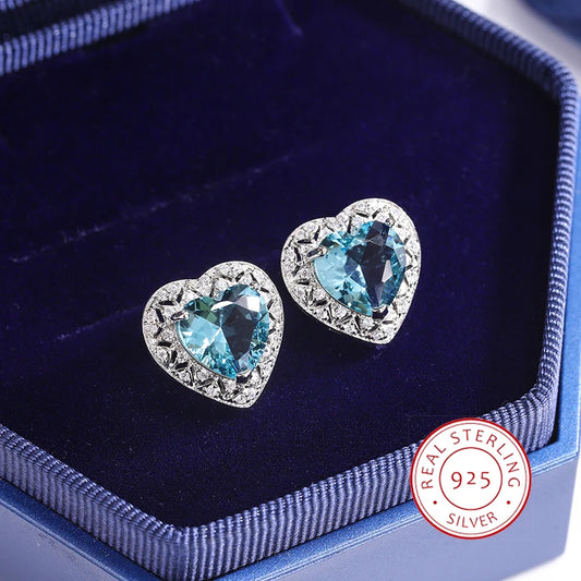 Stylish 925 Silver Plated Earrings for Women Beautiful Heart Shape Women's Shiny AAAA Women's Blue Zircon Korean Earrings