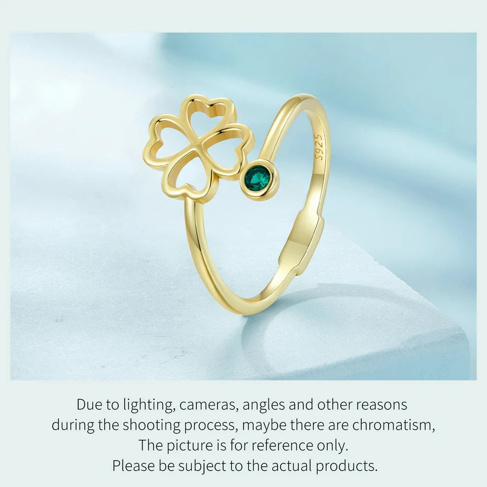 BAMOER 925 Sterling Silver Simple Four Leaf Clover Ring for Girl, Women 14K Gold Plated Promise Lucky Ring 3 Colors SCR843