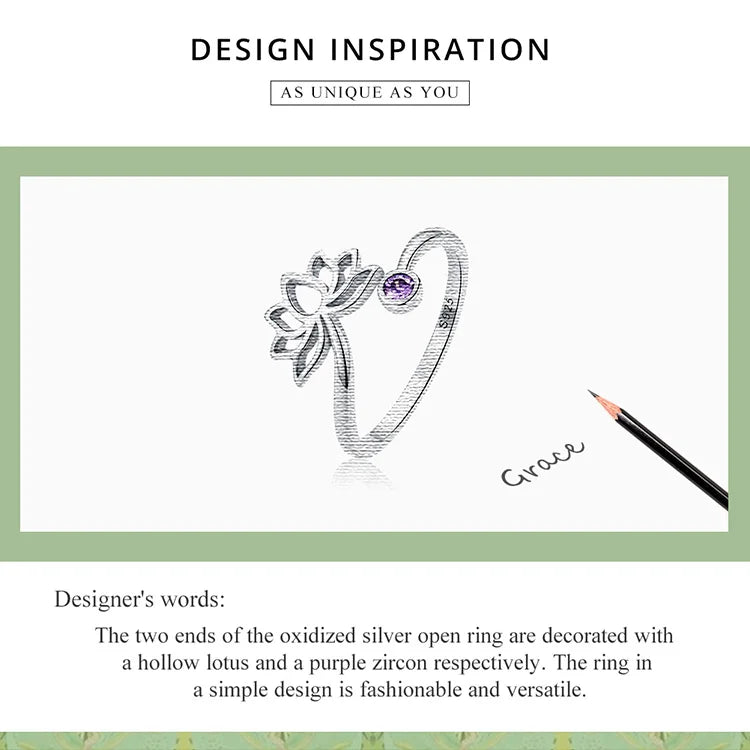 WOSTU 925 Sterling Sliver Lotus Flower Adjustable Rings Finger Purple Zircon Hollow Open Ring For Female Original Jewelry CQR821