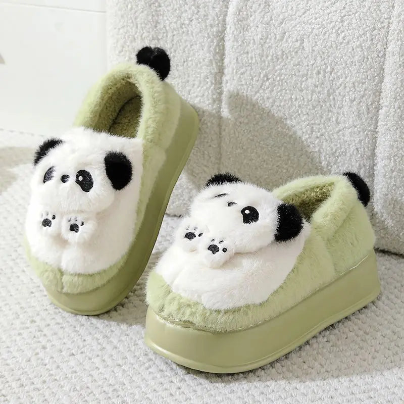 New high heel panda shoes women's winter loafer thick slippers woman fluffy slip on shoes ladies animal warm fuzzy home slipper