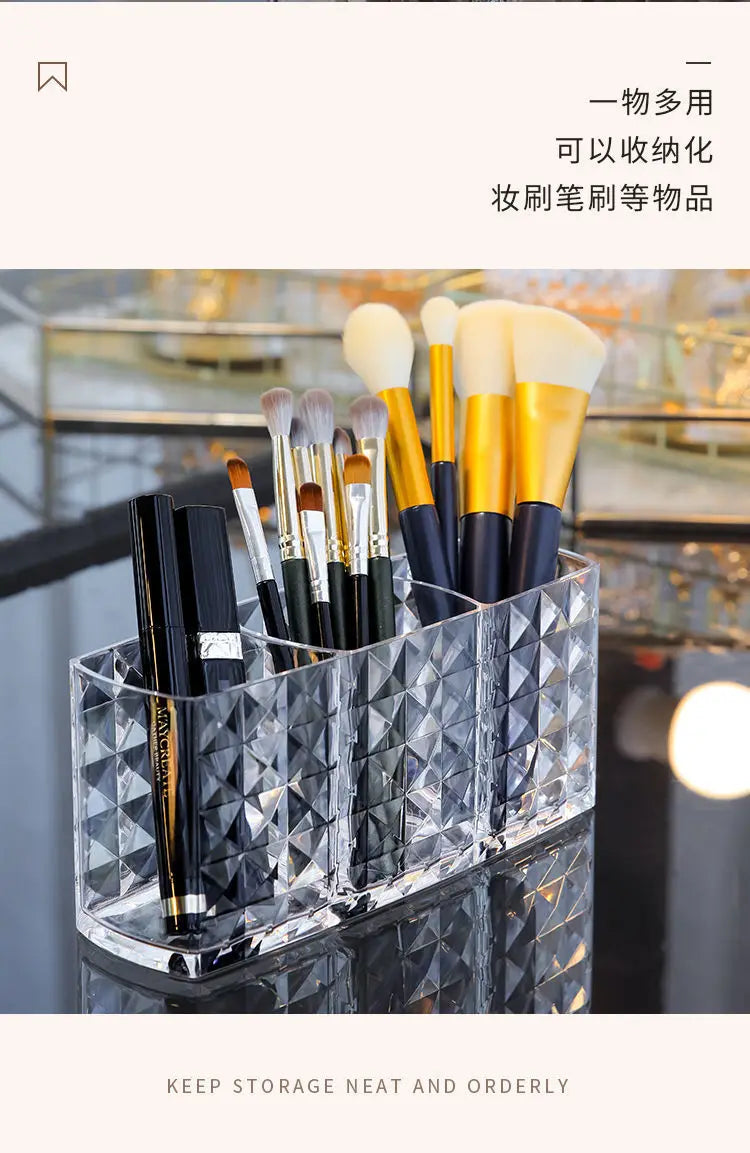 Makeup Brush Eyebrow Pencil Storage Rack Three Compartments Large Capacity Transparent Storage Box Acrylic Stationery Pen Holder