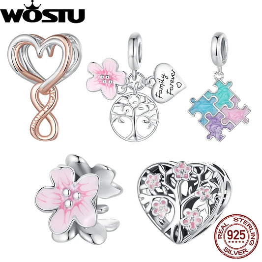 WOSTU 925 Sterling Silver Pink Life Tree Charms Flower Spacer Beads Infinite Heart Pendant Fit Original Bracelet DIY Jewelry