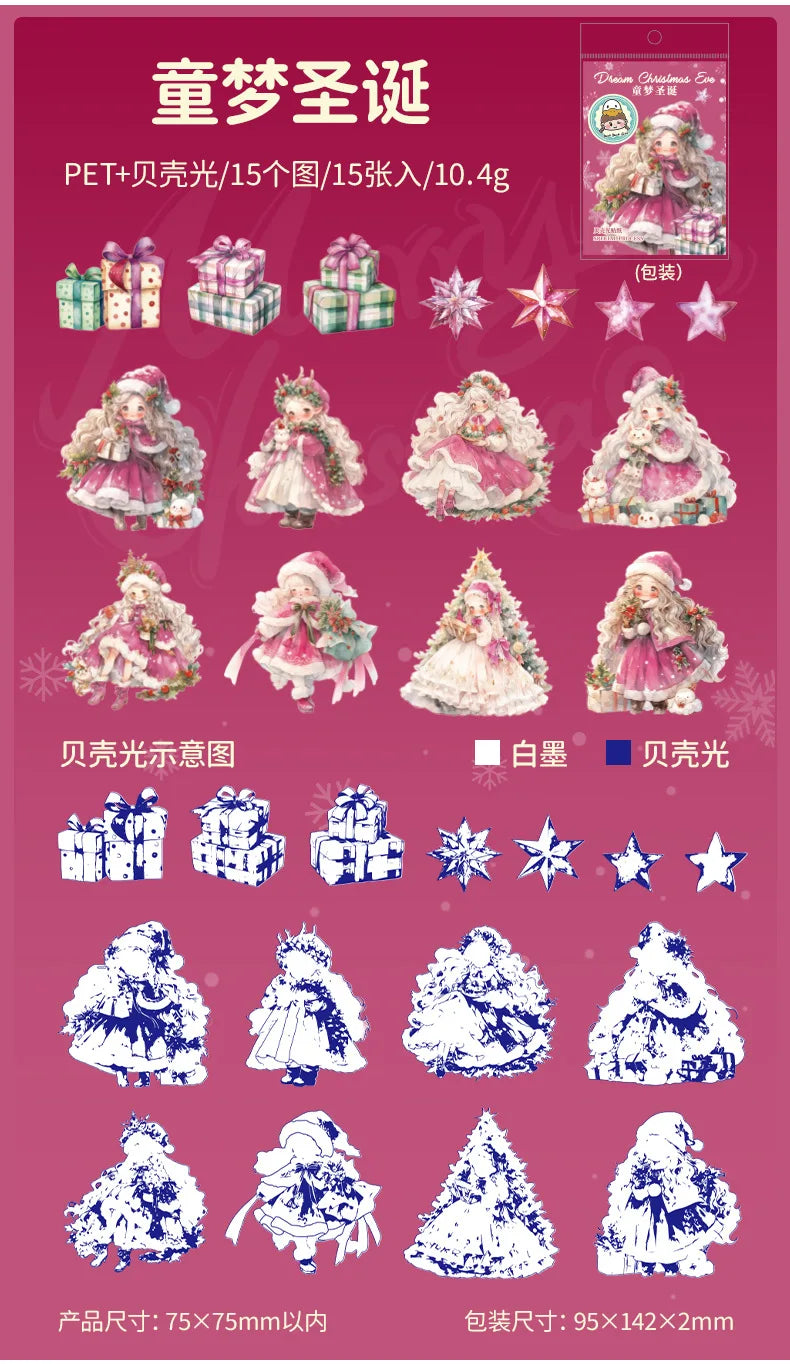 Mr. Paper, 6 Styles, 15pcs/bag, Christmas Themed Series Elf Princess Girl Sticker Decoration Scrapbook, Phone Case, Notebook