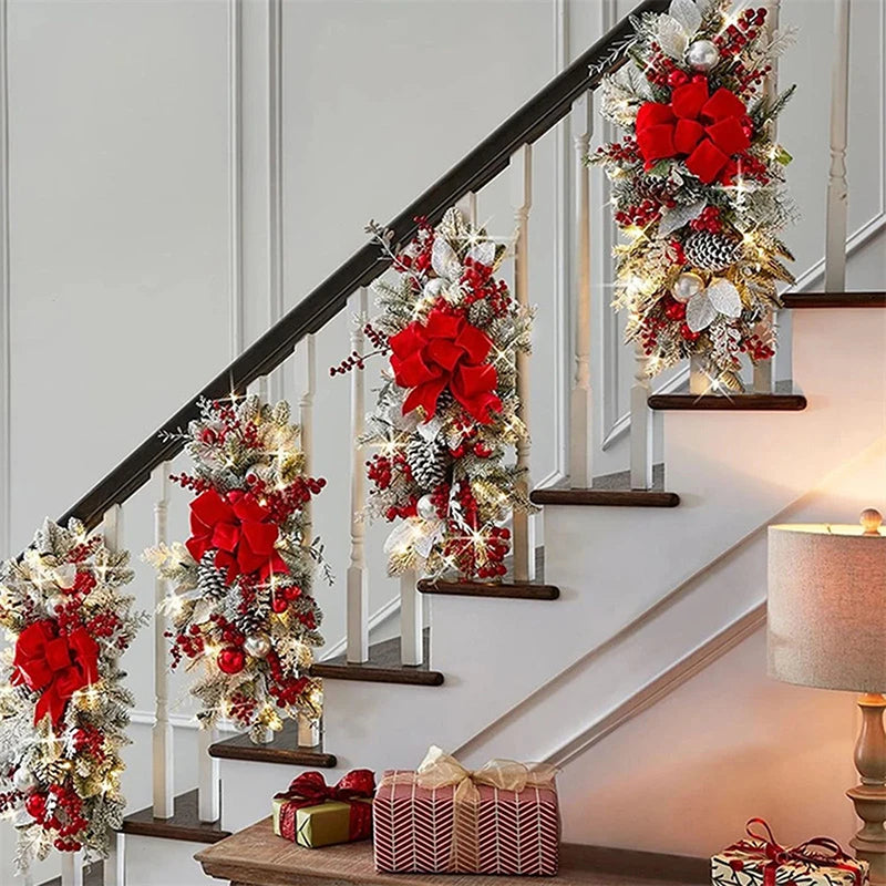 Christmas Swag Wreath Pendants LED Lights Staircase Wreath Ornament Swag Trim Garland Door Window Decoration Party Supplies