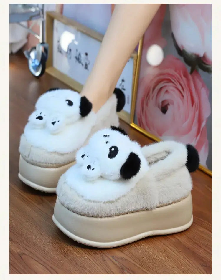New high heel panda shoes women's winter loafer thick slippers woman fluffy slip on shoes ladies animal warm fuzzy home slipper
