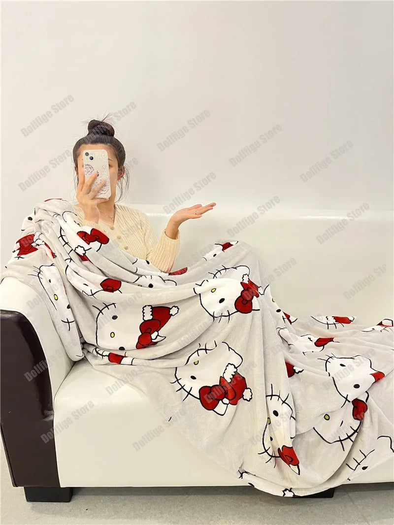 2024 Halloween Ghost Hello Kitty Plush Cartoon Large Flannel Blanket Cute Cotton Sofa Nap Blanket Bed Sheet Christmas Gift