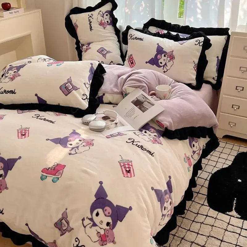 Sanrio Hello Kitty Kuromi cartoon cute warm plus velvet lace four-piece set creative student children's bed sheet quilt cover