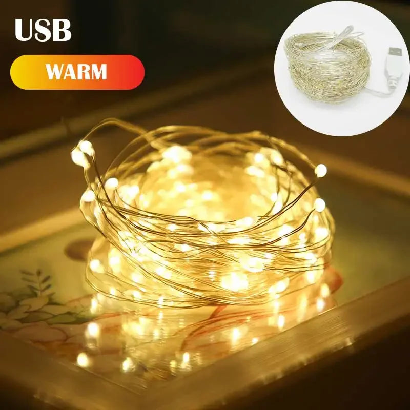 New Year Christmas Decoration Holiday Fairy Lamp Copper Wire USB Led Indoor Home Decor Warm White RGB String With Remote Control