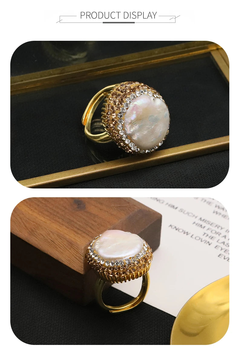 GLSEEVO Baroque Freshwater Pearl Rings for Women Personalized Fashion Elegant Luxury Simple Ladies Banquet Exquisite Jewelry