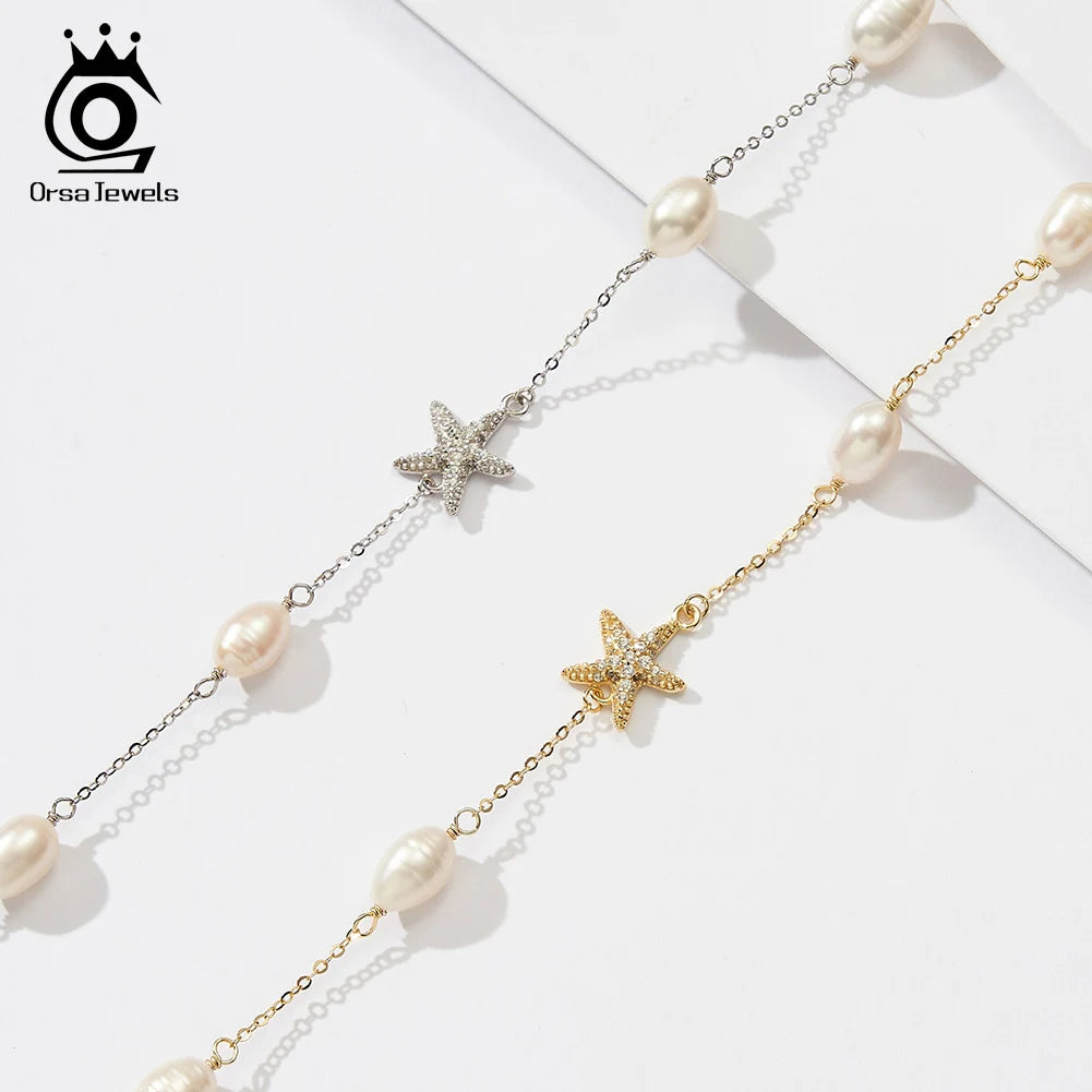 ORSA JEWELS Natural Pearl Choker Necklace Fashion 925 Sterling Silver Starfish 4A Zircon Necklace for Women Party Jewelry BQN06