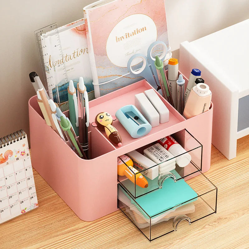 Simple Solid Color Pen Holder With 2 Drawer Large Capacity Multifunction Stationery Storage Box Student Office Desktop Organizer