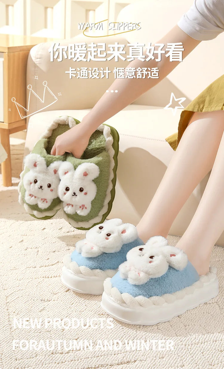 White Bunny Slippers For Home Kawaii Shoes Women Rabbit Fluffy Slippers Winter Indoor Sandals Woman Platform Bootie Slipper New