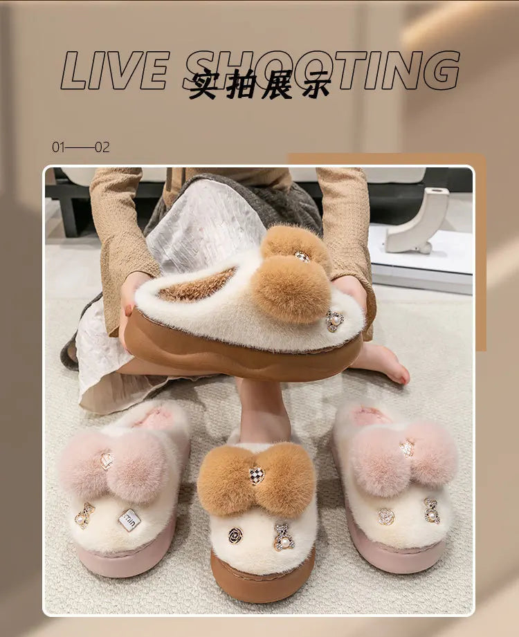 Pink clog slippers with fur slides women's indoor kawaii bowknot mules woman winter 6 cm platform  fluffy home slippers ladies