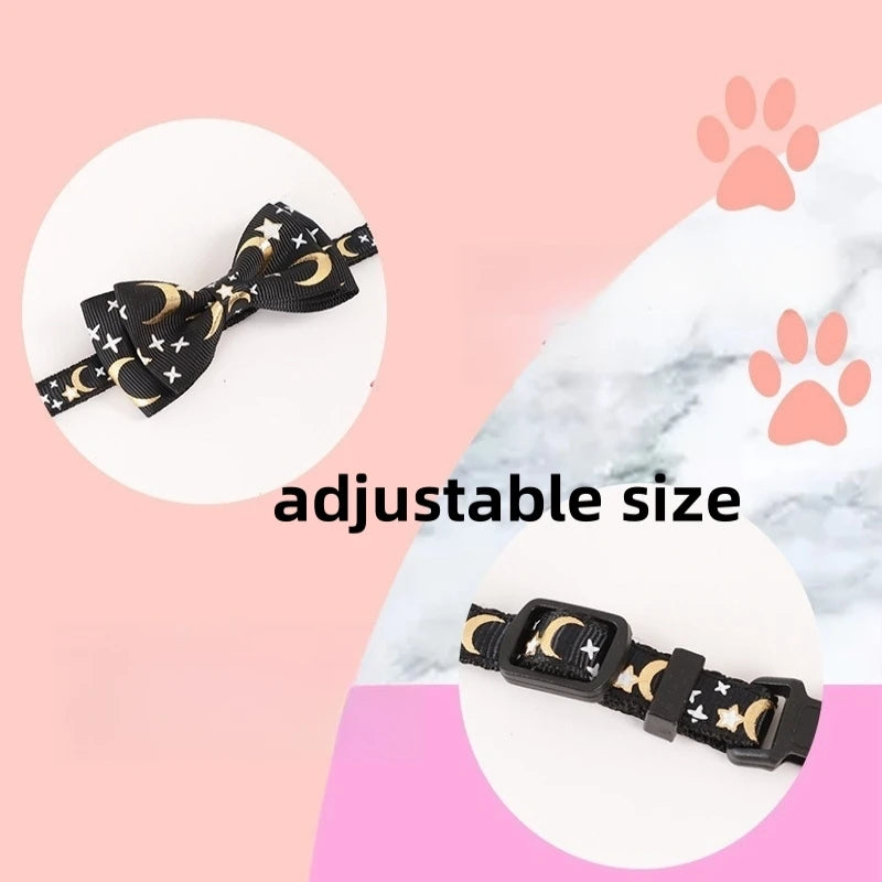Cat Bow Bell Collar Hot Stamping Woven Stars and Moon Pattern Removable Bow Cat Puppy Collar Adjustable Dog Collar
