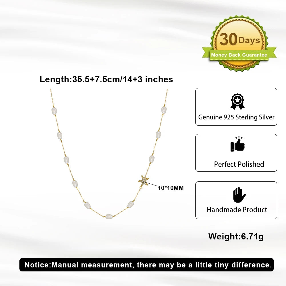 ORSA JEWELS Natural Pearl Choker Necklace Fashion 925 Sterling Silver Starfish 4A Zircon Necklace for Women Party Jewelry BQN06