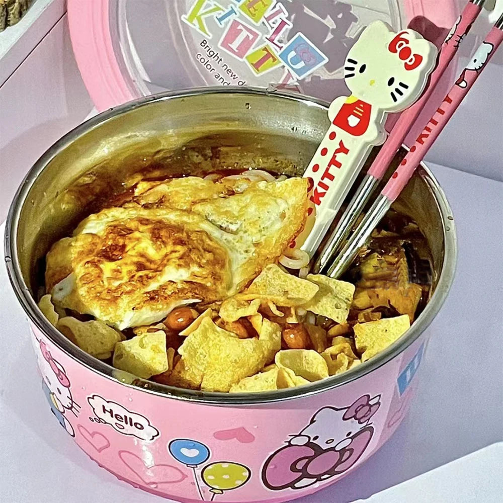 Sanrio Hello Kitty Stainless Steel Ramen Bowl With Lid Cute Large Instant Noodles Fruit Salad Rice Soup Bowl Kitchen Tableware