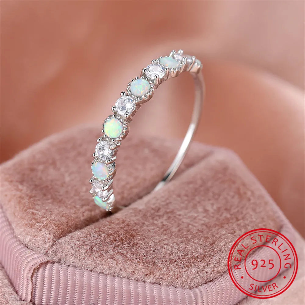 Single Row White Zircon Round Opal Ring Real 925 Sterling Silver Engagement Ring For Women Wedding Band Jewelry