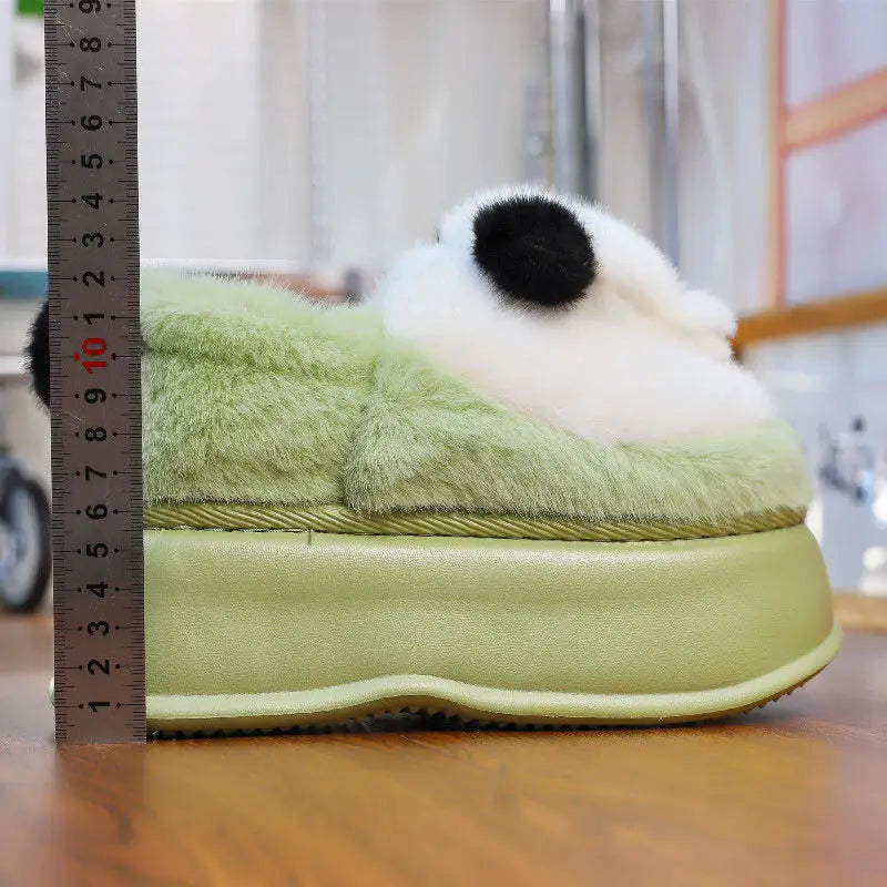 New high heel panda shoes women's winter loafer thick slippers woman fluffy slip on shoes ladies animal warm fuzzy home slipper