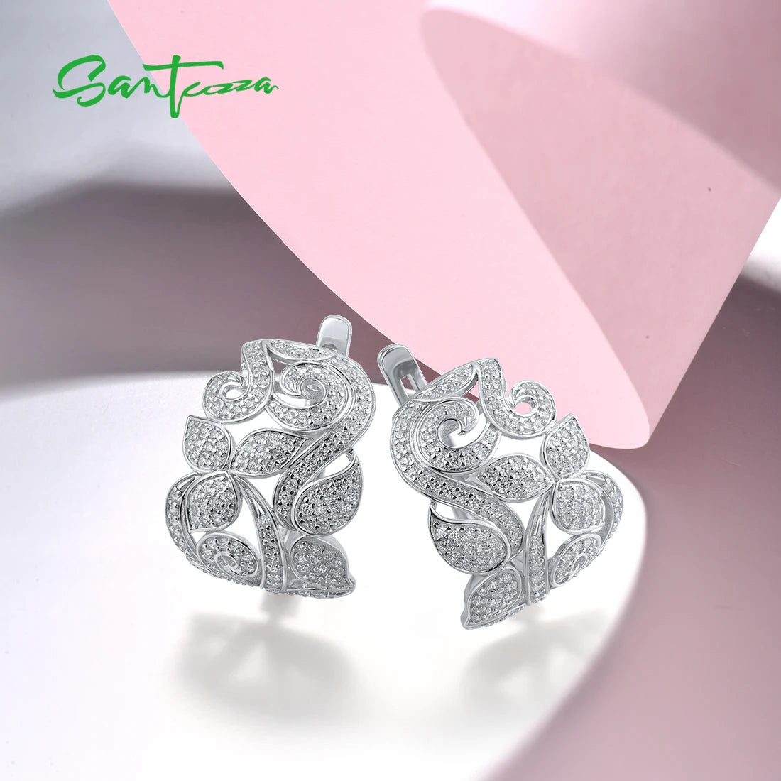 SANTUZZA Real 925 Silver Earrings For Women Sterling Silver Sparkling White CZ Gorgeous Flower Delicate Wedding Fine Jewelry