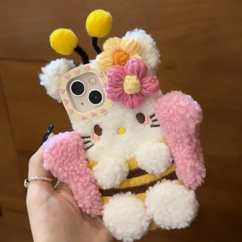 Plush Hello Kitty Bee  Phone Case Cartoon Sanrio peripheral Iphone1514131211 Pro Max Case Cute 3D Warm Shockproof Drop Case