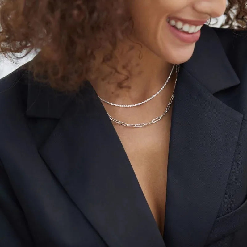 925 Sterling Silver Twisted Paper Clip Link Necklace 45cm For Women Glitter Link Chain Choker Necklaces Simple Chic Hip Hop
