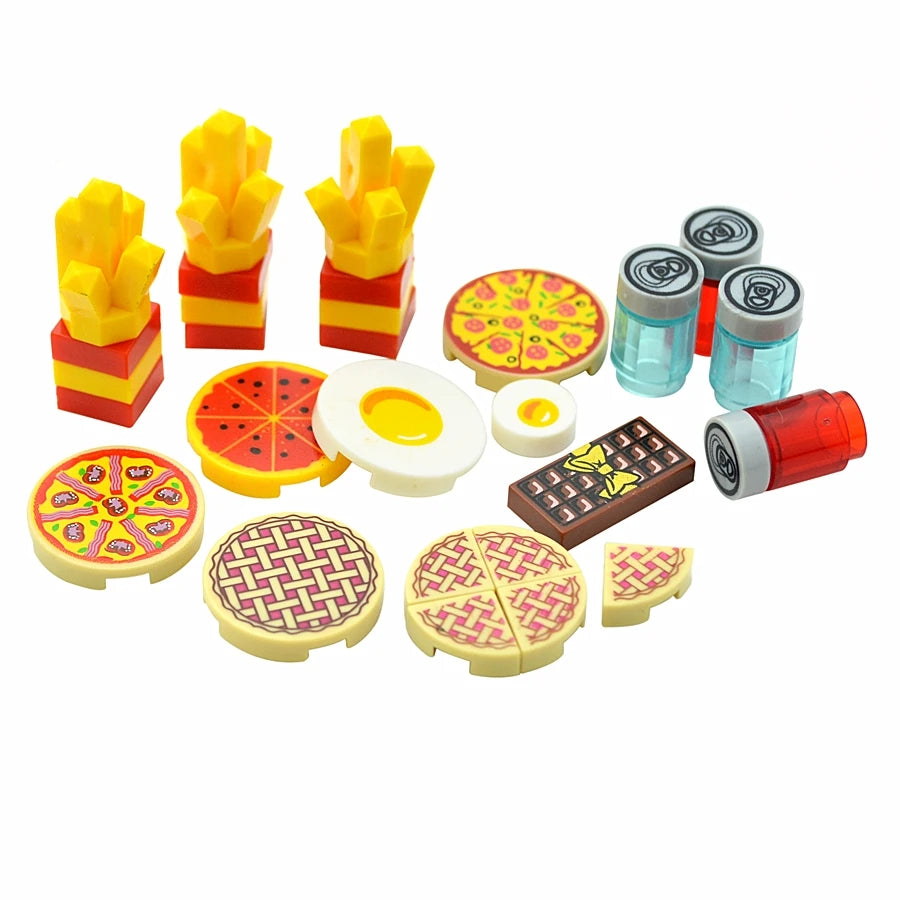 City Mini Food Toys Building Blocks Hamburger Fries Bread Pizza Cake Dessert Food Chocolate Fish Cookies MOC Bricks Kids Gift