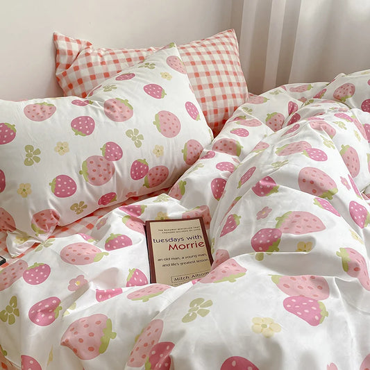 Kawaii Pink Strawberry Duvet Cover Set NO Filler Fashion Bed Sheets Full Queen Size Luxury Home Bedding for Girls Bedclothes