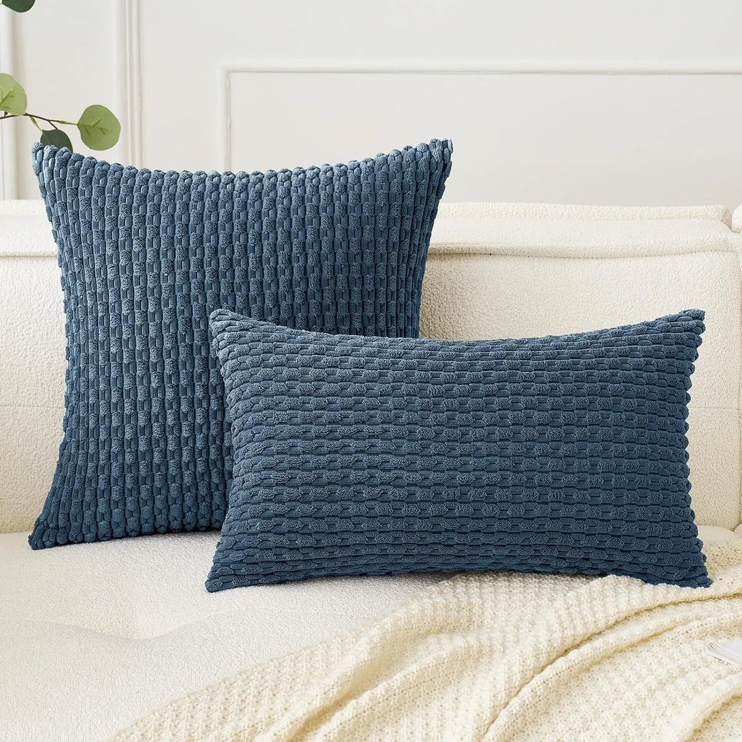 Blue Throw Pillow Covers 18x18 Inch Decor Couch Cushion Cover Farmhouse Soft Corduroy Boho Home Decors for Bed Sofa Living Room