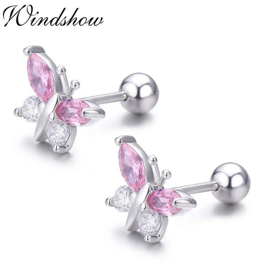 Cute 925 Sterling Silver Butterfly Pink CZ Screw Back Stud Earrings For Women Child Girls Kids Jewellery Orecchini Aros Aretes
