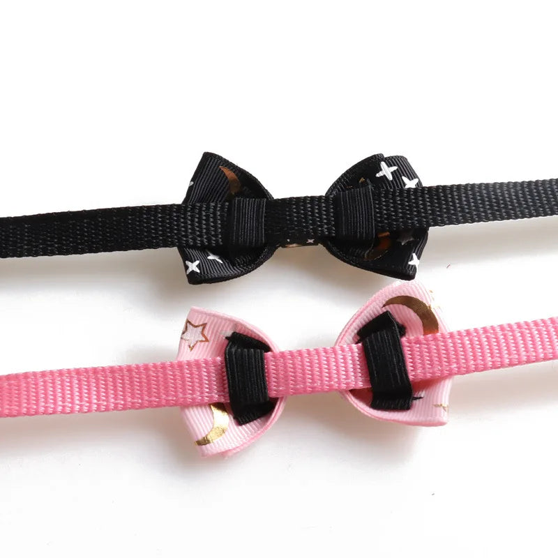 Cat Bow Bell Collar Hot Stamping Woven Stars and Moon Pattern Removable Bow Cat Puppy Collar Adjustable Dog Collar