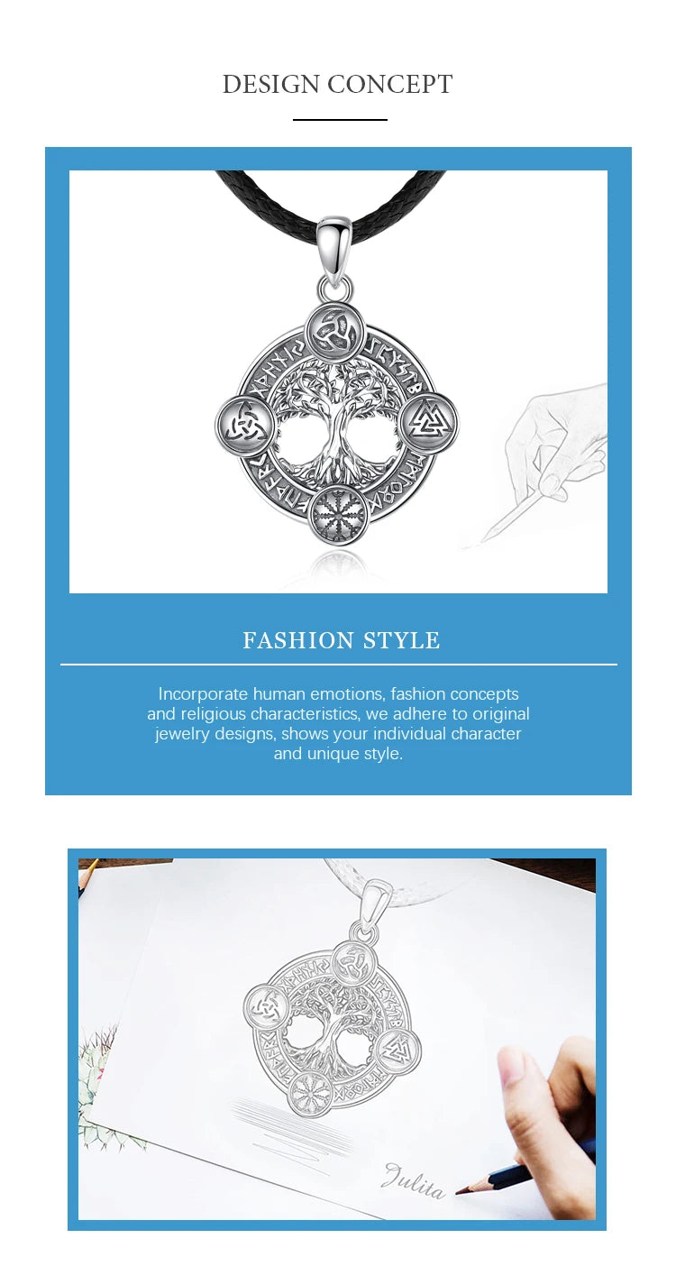 Eudora 925 Sterling Silver Tree of Life Necklace  Norse runes Hexe Celtic Knoten Yggdrasil Amulett Pendant Man Viking Jewelry