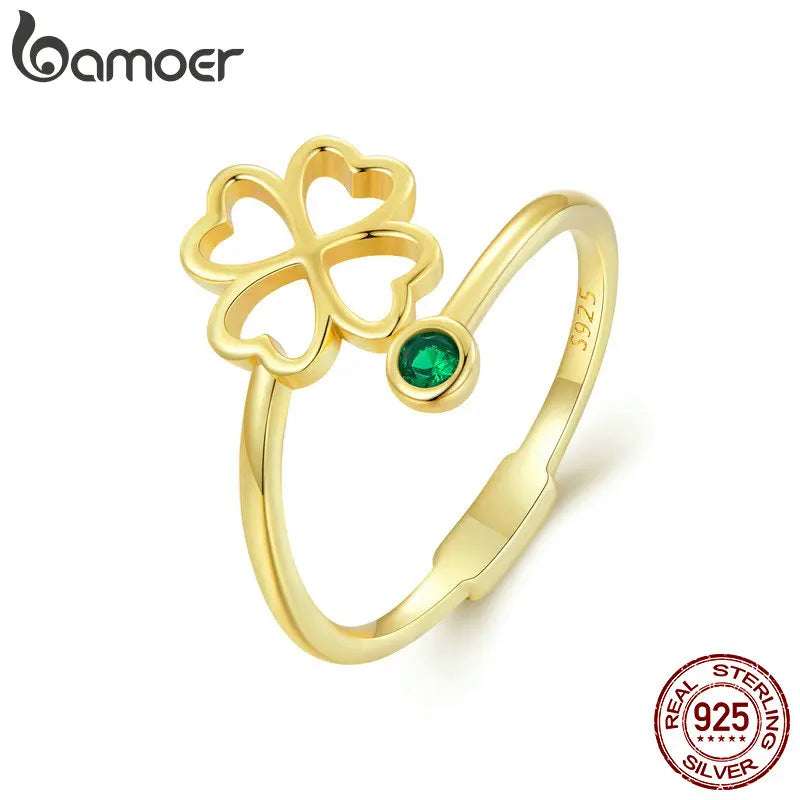 BAMOER 925 Sterling Silver Simple Four Leaf Clover Ring for Girl, Women 14K Gold Plated Promise Lucky Ring 3 Colors SCR843