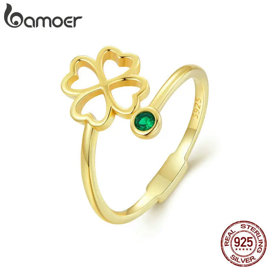 BAMOER 925 Sterling Silver Simple Four Leaf Clover Ring for Girl, Women 14K Gold Plated Promise Lucky Ring 3 Colors SCR843