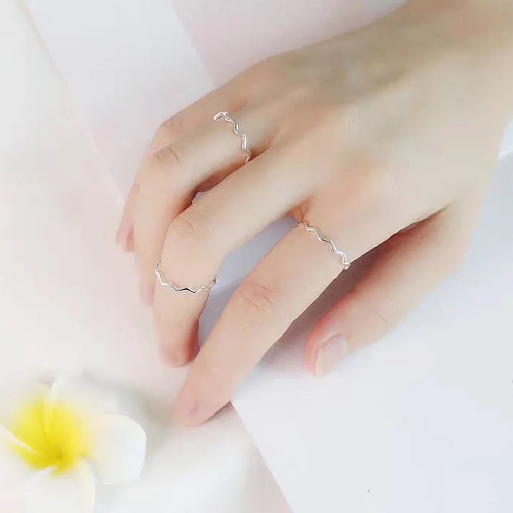 Real 925 Sterling Silver Finger Rings Rose Gold Simple Thin Line Curve Wave Wild Smooth Woman Girl Rings Striped Jewelry Wedding