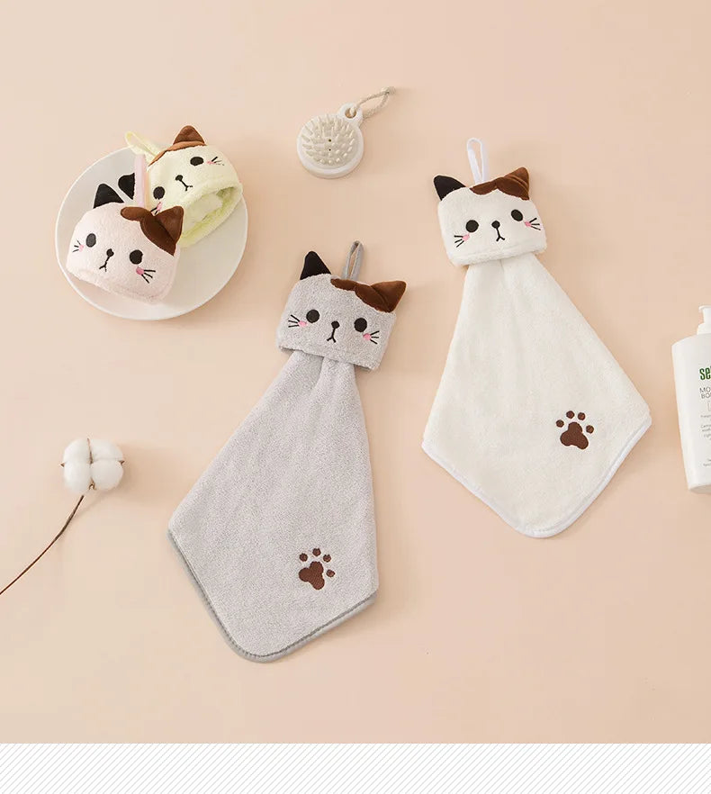 Coral Velvet Pocket Cat Embroidered Hand Towel Bathroom Hanging Absorbent Towel Kitchen Bathroom Square Towel