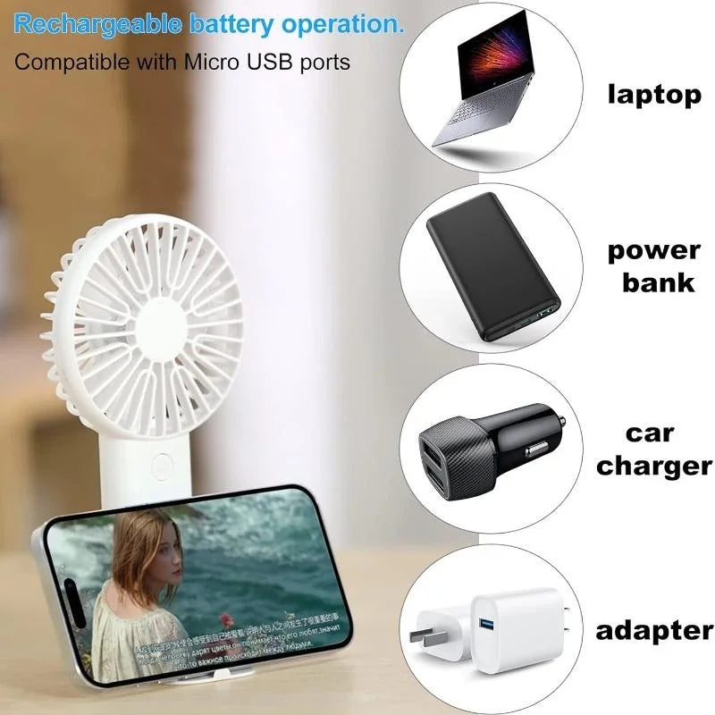 Handheld Fan Rechargeable Portable Mini USB Fan 3 Speed Mini Fan with Phone Holder