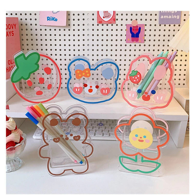 Kawaii Transparent Acrylic Pen Holder Desktop Organizer INS New Fashion Cute Bear Bunny Office Stationery Cosmetics Storage Box