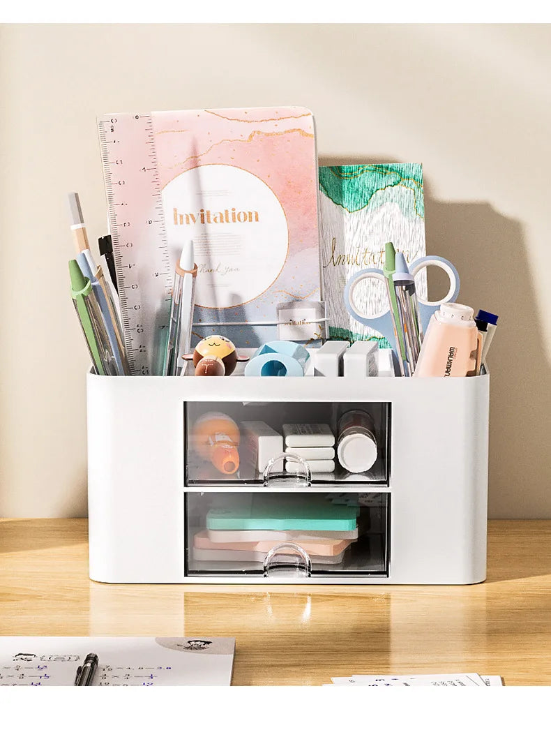 Simple Solid Color Pen Holder With 2 Drawer Large Capacity Multifunction Stationery Storage Box Student Office Desktop Organizer