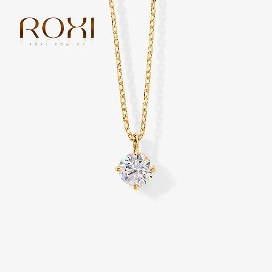 ROXI Single Luxury Zircon Diamond Necklace 925 Silver Square Pendant Versatile Personality Gold Jewelry Ladies Clavicle Necklace