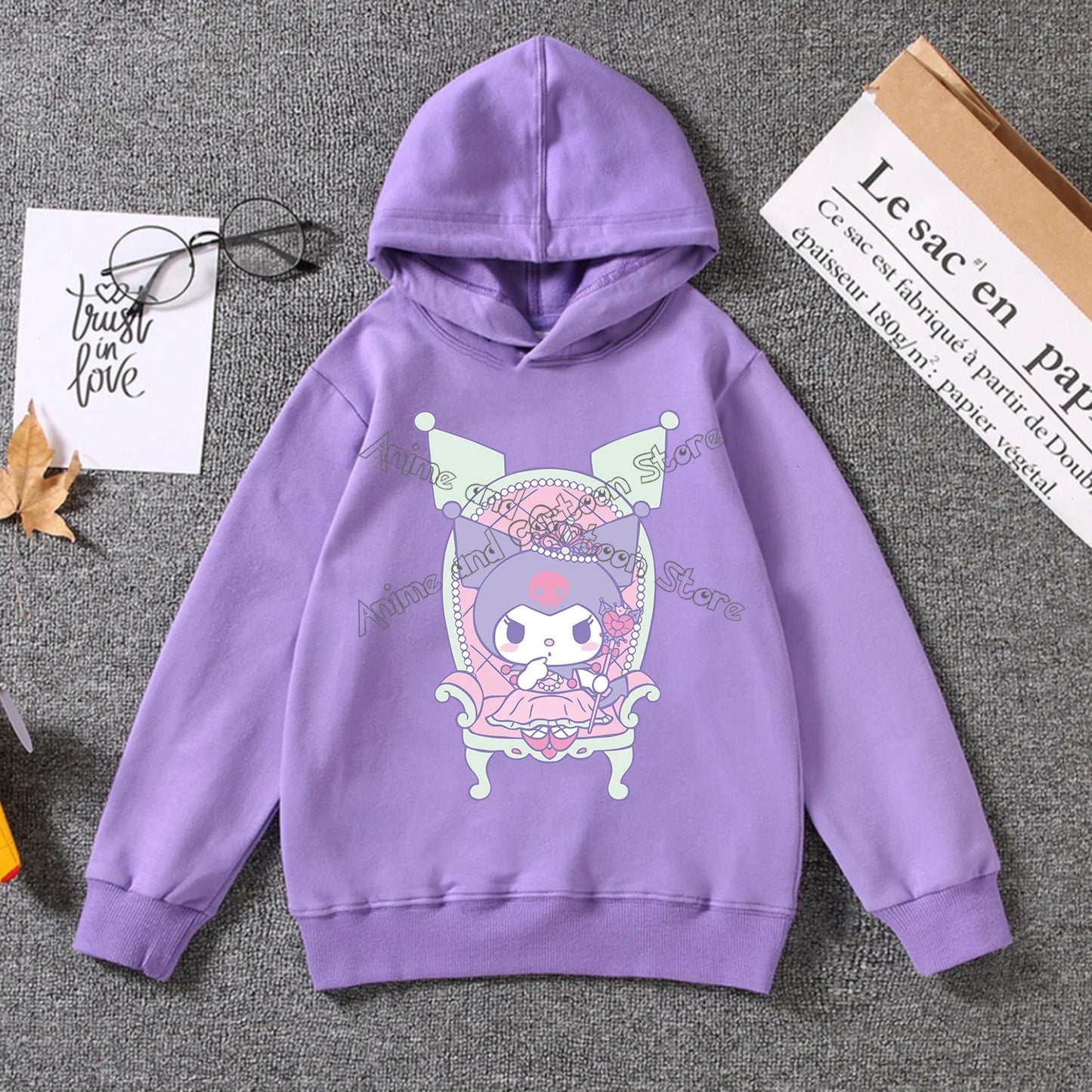 Kuromi Thin Hoodie for Children Cute Sanrio Cartoon Clothing Girls Trendy Clothes Purple Sweatshirt Fashion Long Sleeve Top Gift