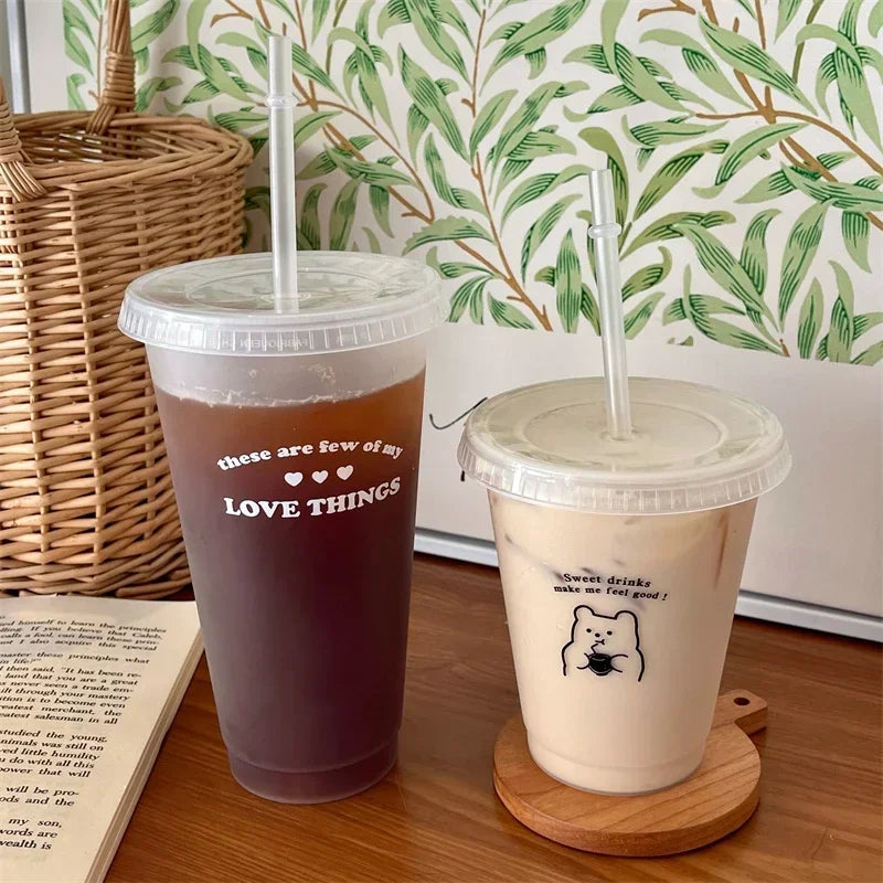 470/700ml Cute Korean Style PP Material Portable Water Bottle Coffee Juice Milk Tea Cup Plastic Cool Cup with Lid Straw Reusable