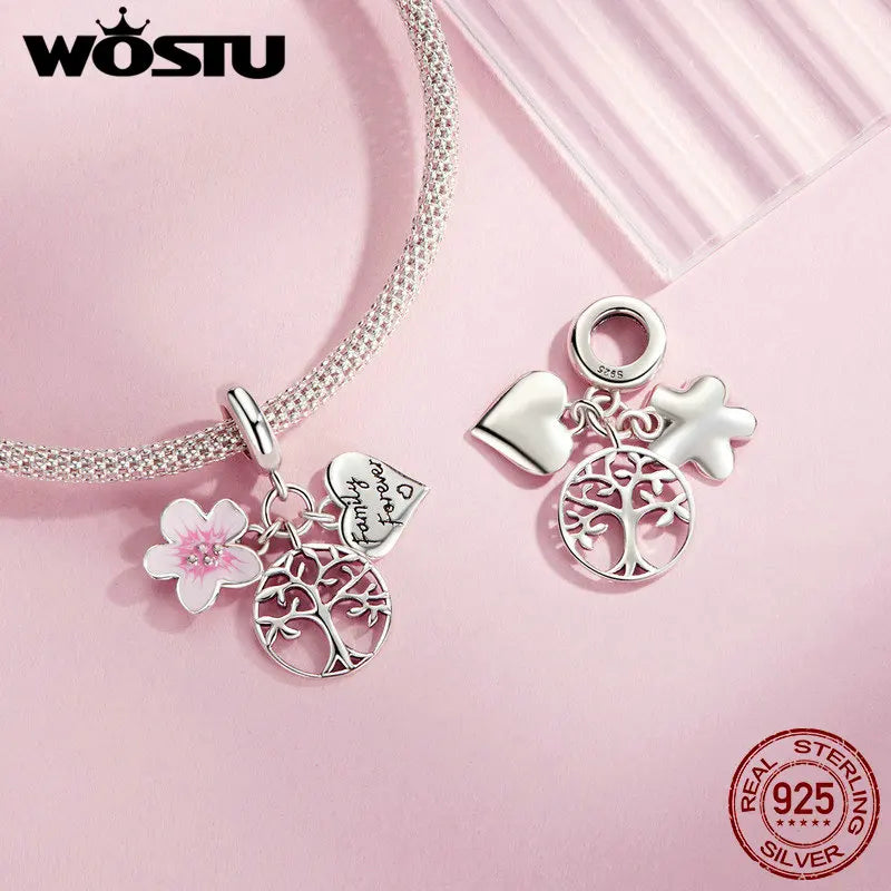 WOSTU 925 Sterling Silver Pink Life Tree Charms Flower Spacer Beads Infinite Heart Pendant Fit Original Bracelet DIY Jewelry