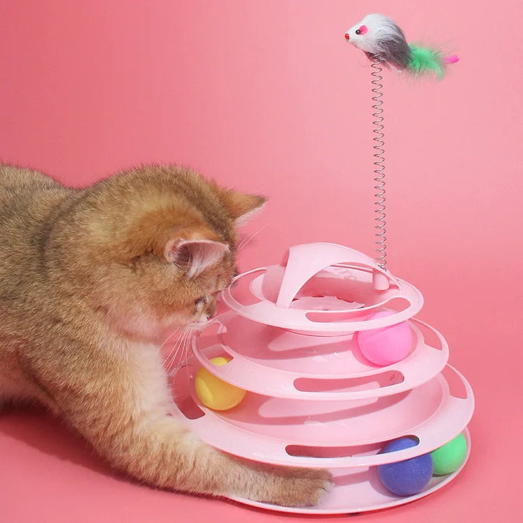 4 Levels Turnable Toys for Cats Accessories Tower Tracks with Balls Cat Toy Interactive Intelligence Training with Fun Cat Stick